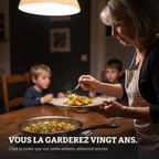 Une grand-mère sert ses petits-enfants avec la poêle
